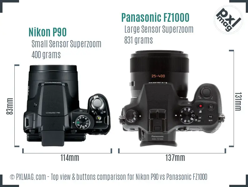 Nikon P90 vs Panasonic FZ1000 top view buttons comparison