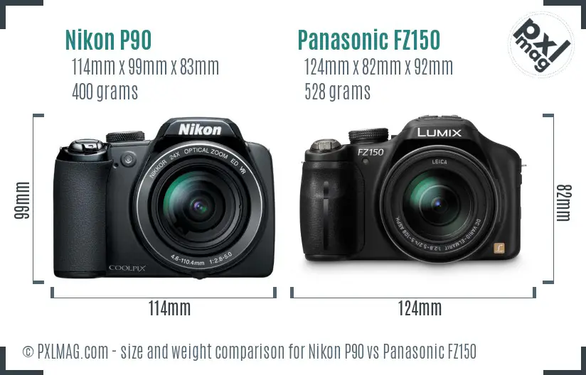 Nikon P90 vs Panasonic FZ150 size comparison