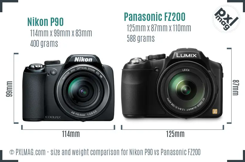Nikon P90 vs Panasonic FZ200 size comparison