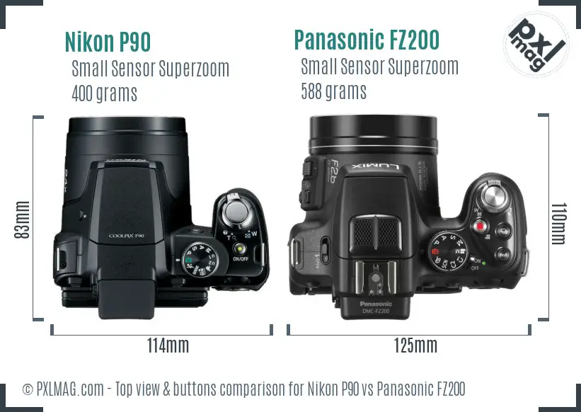 Nikon P90 vs Panasonic FZ200 top view buttons comparison