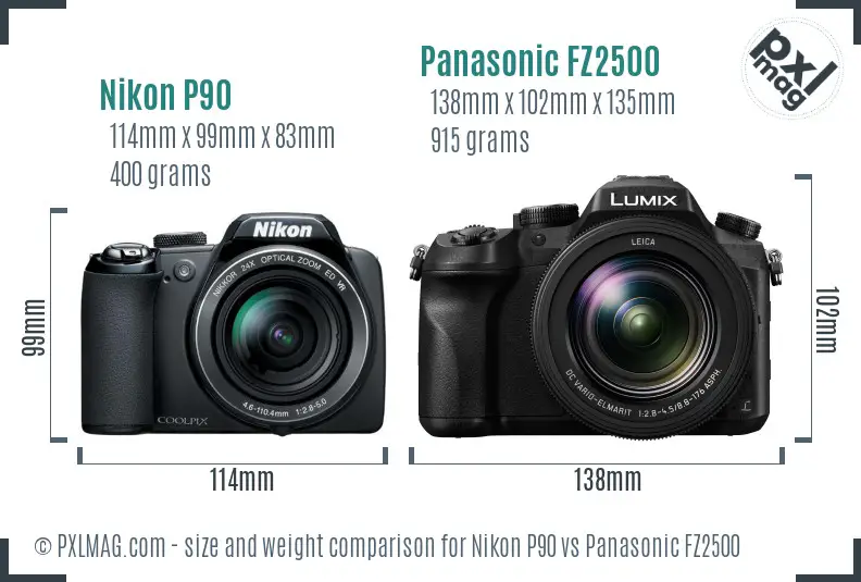 Nikon P90 vs Panasonic FZ2500 size comparison
