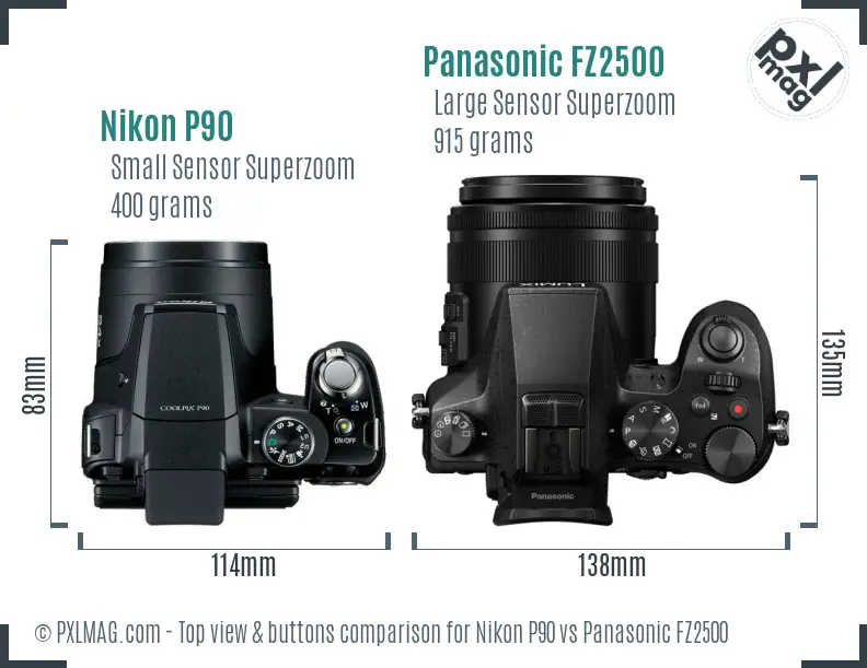 Nikon P90 vs Panasonic FZ2500 top view buttons comparison
