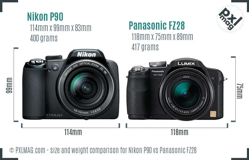 Nikon P90 vs Panasonic FZ28 size comparison Nikon P90 vs Panasonic FZ28 size comparison