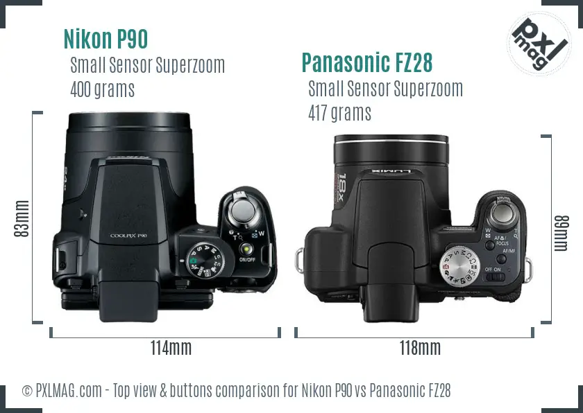 Nikon P90 vs Panasonic FZ28 top view buttons comparison Nikon P90 vs Panasonic FZ28 top view buttons comparison