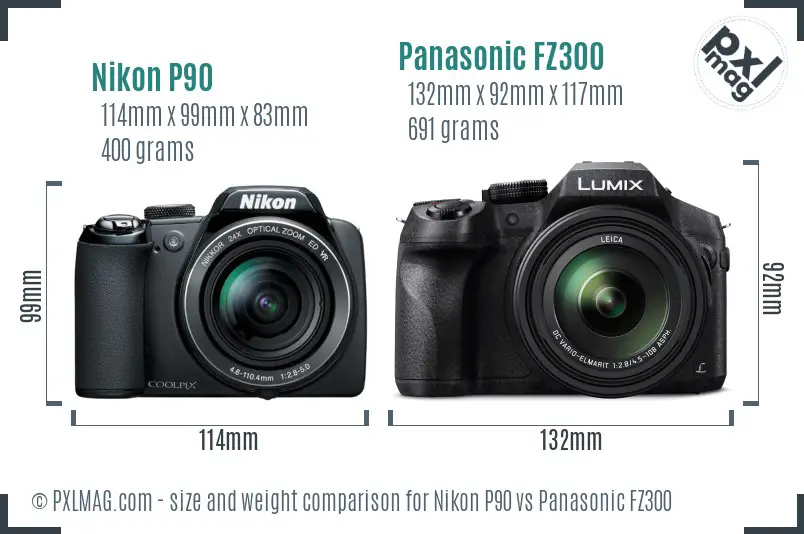 Nikon P90 vs Panasonic FZ300 size comparison