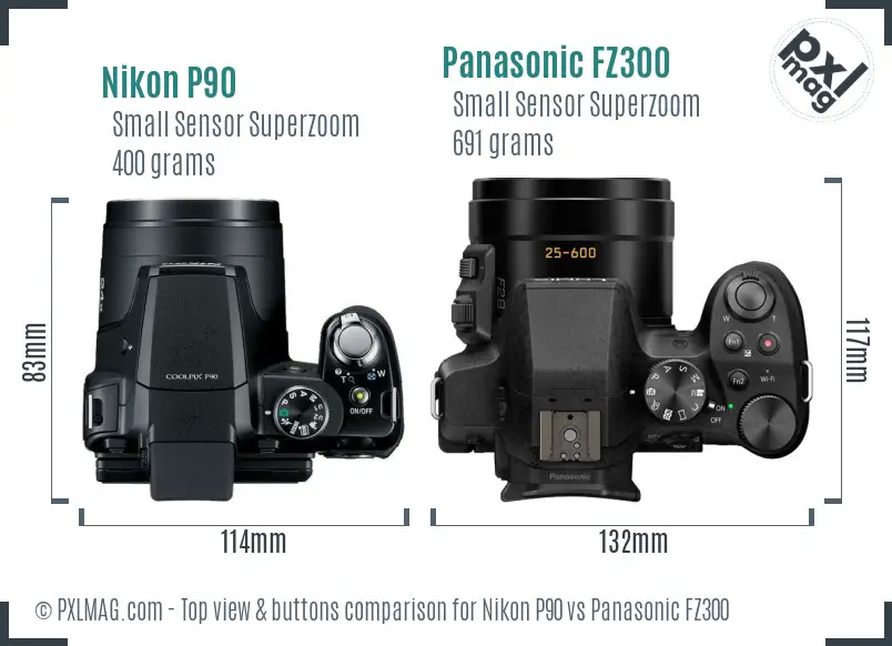 Nikon P90 vs Panasonic FZ300 top view buttons comparison