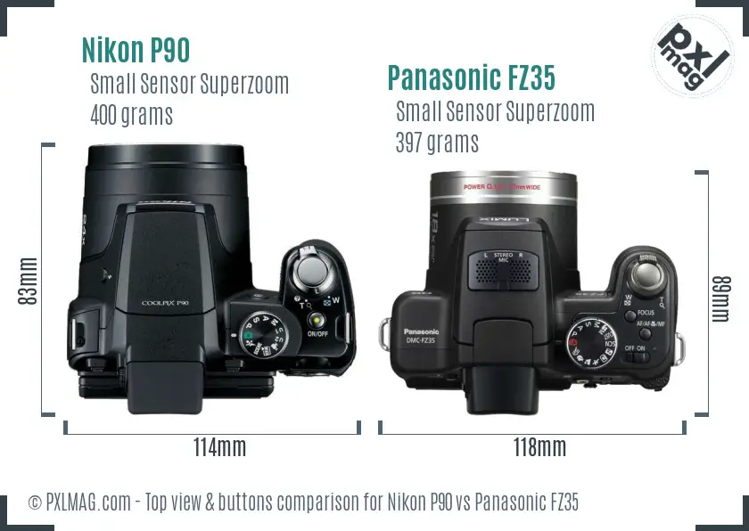 Nikon P90 vs Panasonic FZ35 top view buttons comparison