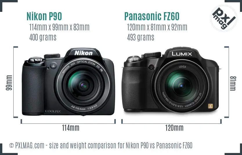 Nikon P90 vs Panasonic FZ60 size comparison