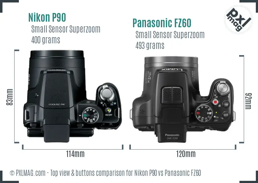 Nikon P90 vs Panasonic FZ60 top view buttons comparison