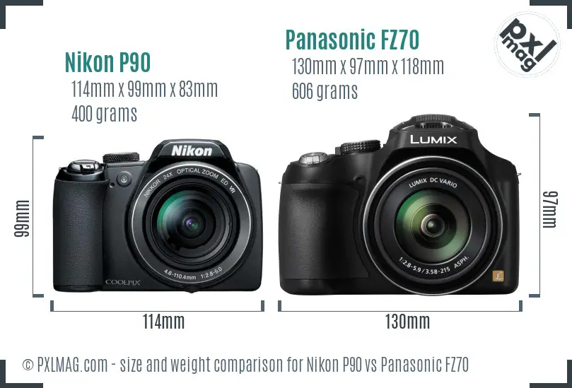 Nikon P90 vs Panasonic FZ70 size comparison