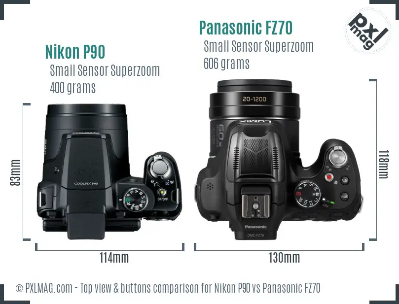 Nikon P90 vs Panasonic FZ70 top view buttons comparison