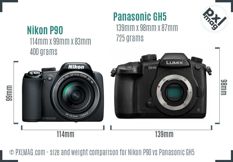 Nikon P90 vs Panasonic GH5 size comparison