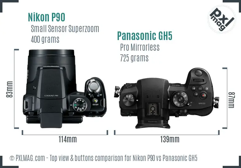 Nikon P90 vs Panasonic GH5 top view buttons comparison