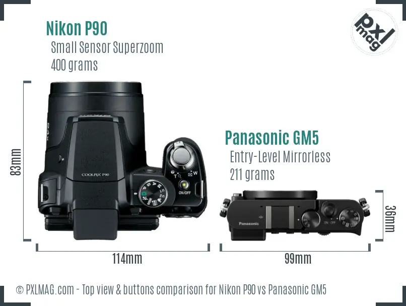 Nikon P90 vs Panasonic GM5 top view buttons comparison