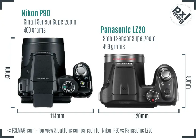 Nikon P90 vs Panasonic LZ20 top view buttons comparison