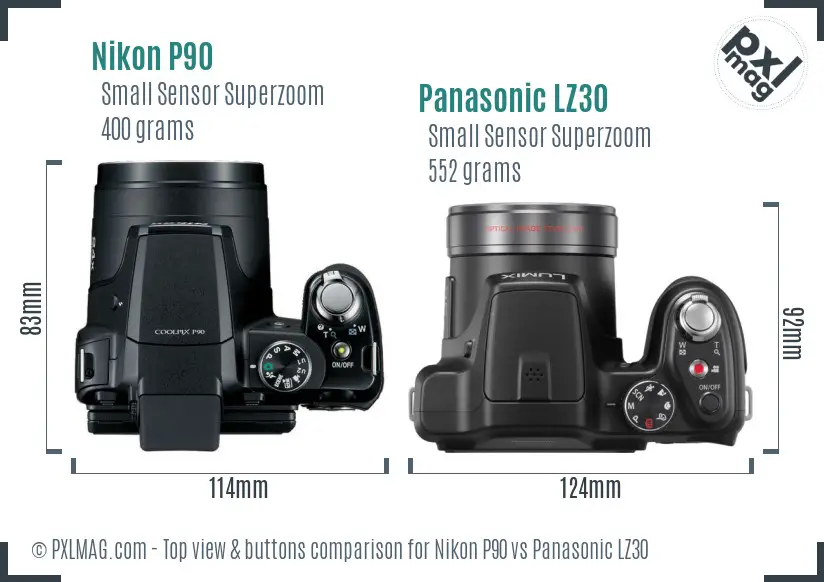 Nikon P90 vs Panasonic LZ30 top view buttons comparison