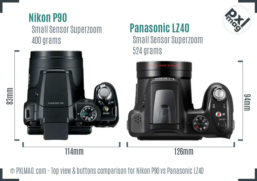 Nikon P90 vs Panasonic LZ40 top view buttons comparison Nikon P90 vs Panasonic LZ40 top view buttons comparison