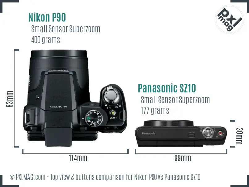 Nikon P90 vs Panasonic SZ10 top view buttons comparison