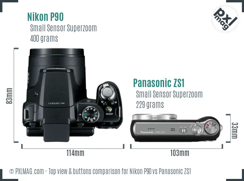 Nikon P90 vs Panasonic ZS1 top view buttons comparison