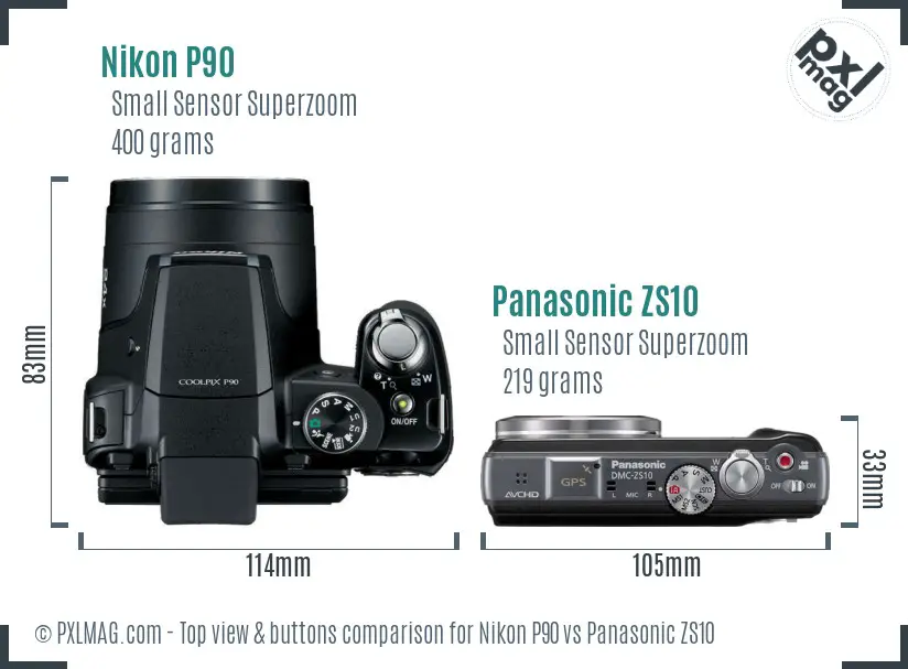 Nikon P90 vs Panasonic ZS10 top view buttons comparison Nikon P90 vs Panasonic ZS10 top view buttons comparison