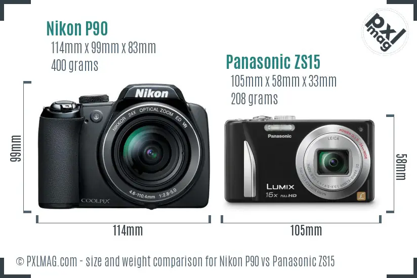Nikon P90 vs Panasonic ZS15 size comparison