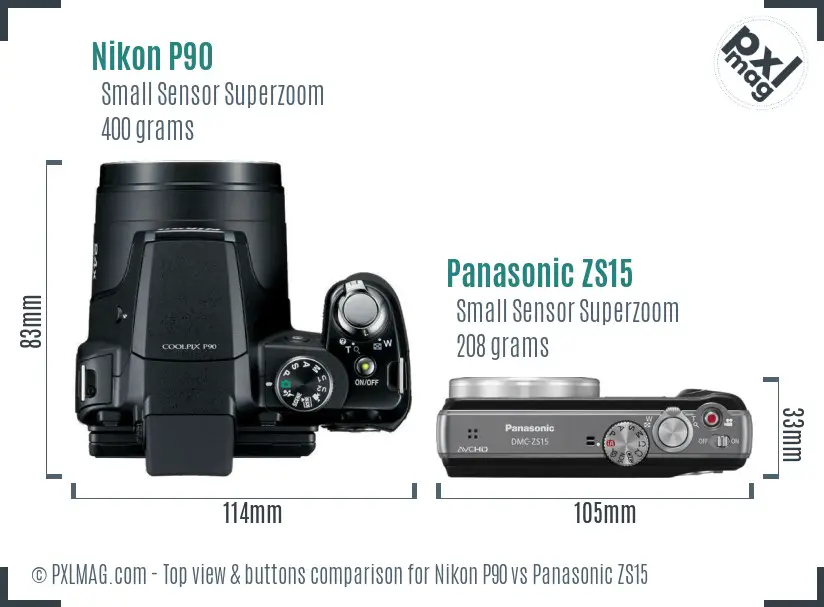 Nikon P90 vs Panasonic ZS15 top view buttons comparison