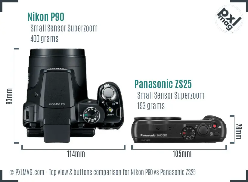 Nikon P90 vs Panasonic ZS25 top view buttons comparison Nikon P90 vs Panasonic ZS25 top view buttons comparison