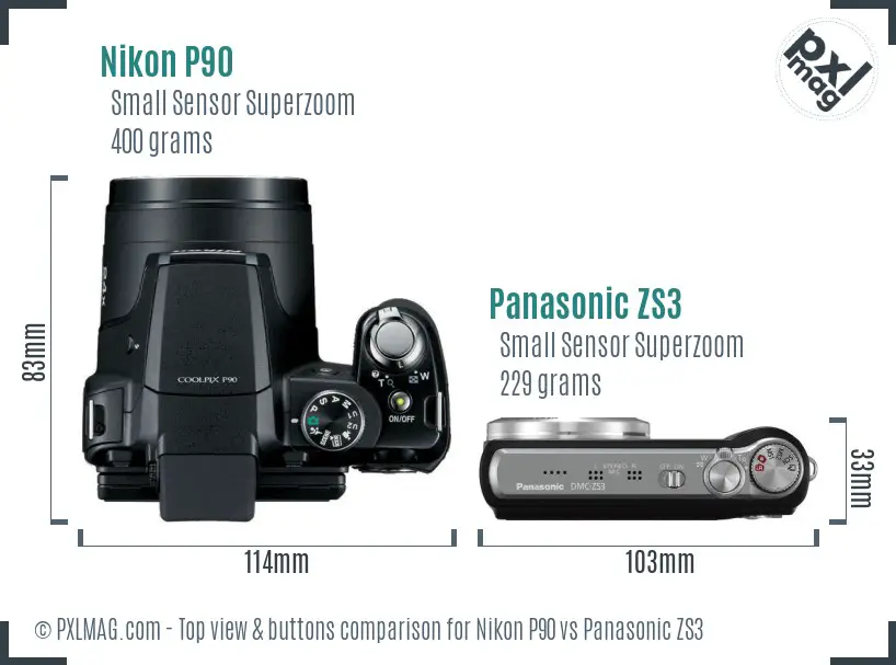 Nikon P90 vs Panasonic ZS3 top view buttons comparison