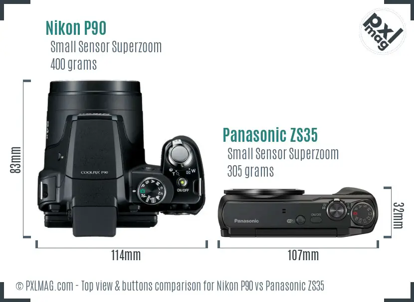 Nikon P90 vs Panasonic ZS35 top view buttons comparison Nikon P90 vs Panasonic ZS35 top view buttons comparison