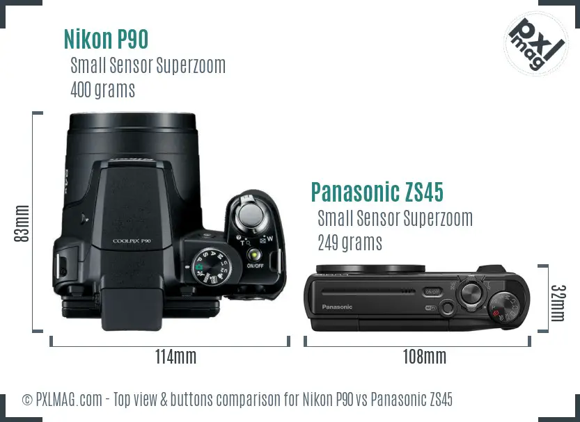 Nikon P90 vs Panasonic ZS45 top view buttons comparison