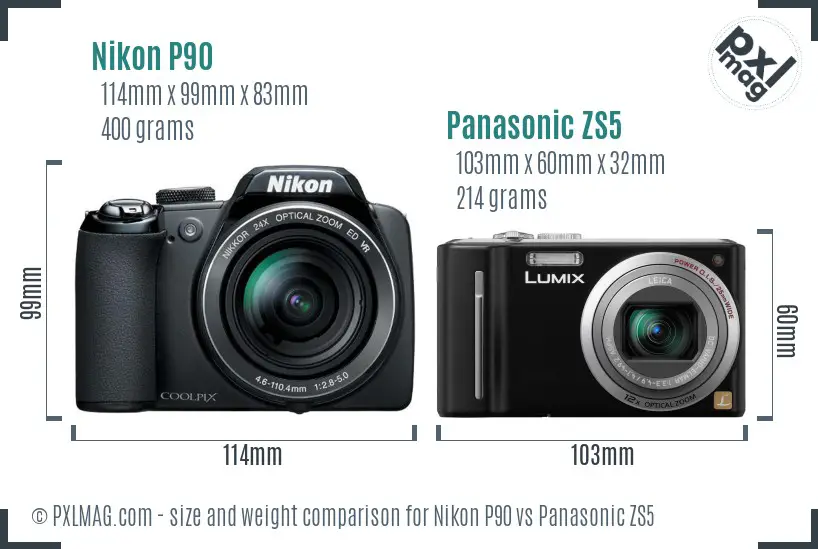 Nikon P90 vs Panasonic ZS5 size comparison