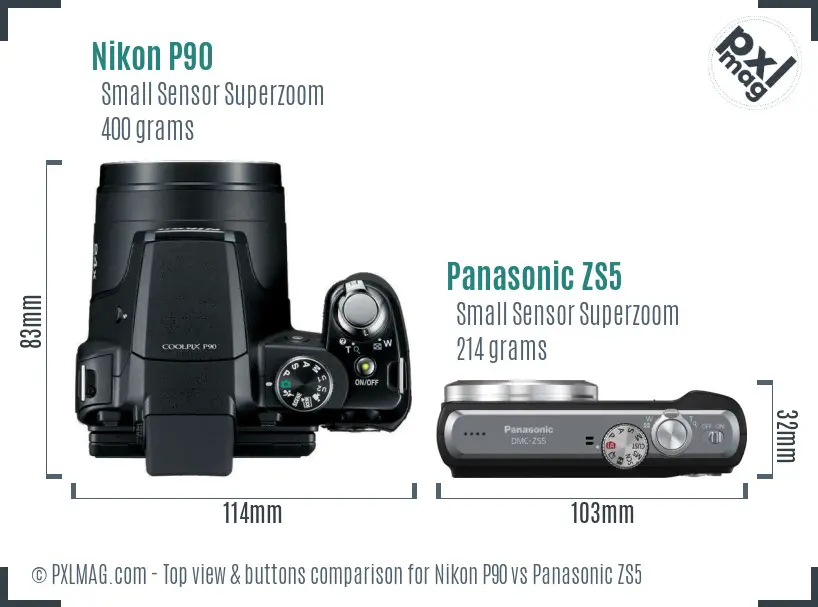 Nikon P90 vs Panasonic ZS5 top view buttons comparison