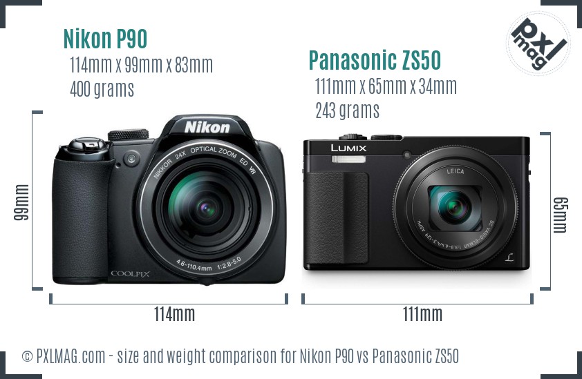 Nikon P90 vs Panasonic ZS50 size comparison