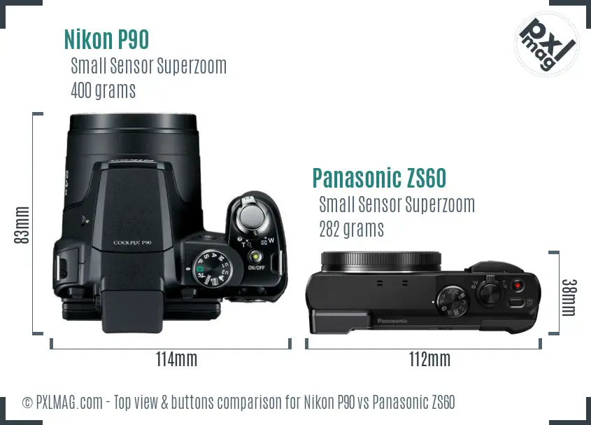 Nikon P90 vs Panasonic ZS60 top view buttons comparison