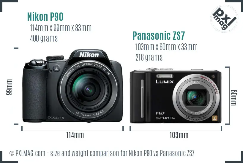 Nikon P90 vs Panasonic ZS7 size comparison