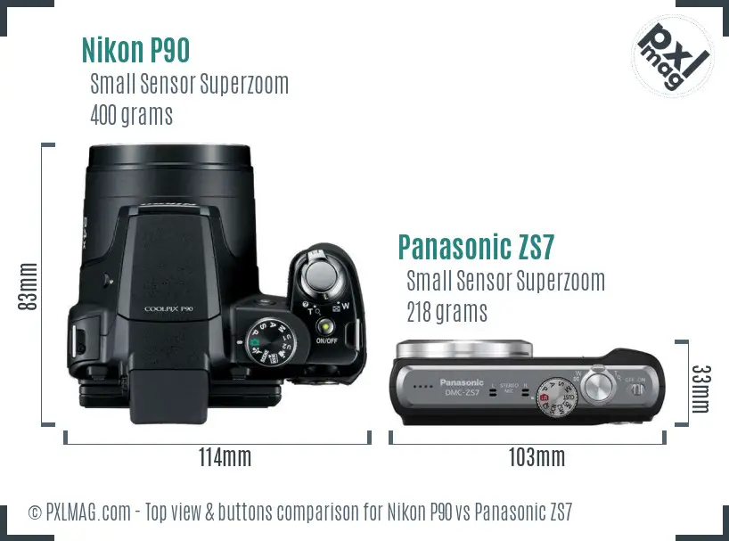 Nikon P90 vs Panasonic ZS7 top view buttons comparison