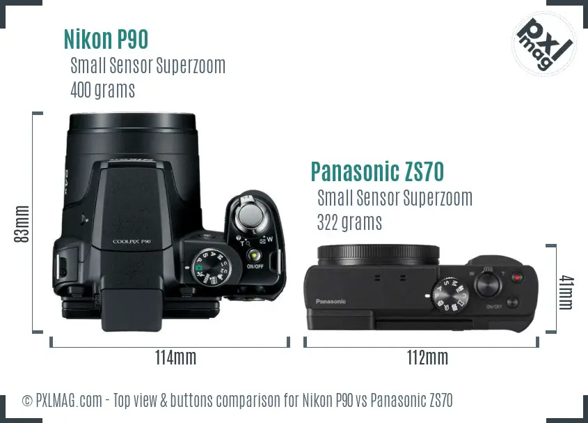 Nikon P90 vs Panasonic ZS70 top view buttons comparison