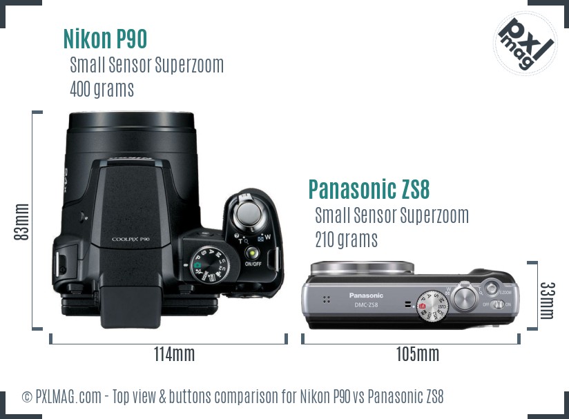 Nikon P90 vs Panasonic ZS8 top view buttons comparison