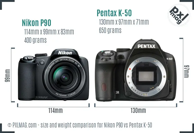 Nikon P90 vs Pentax K-50 size comparison