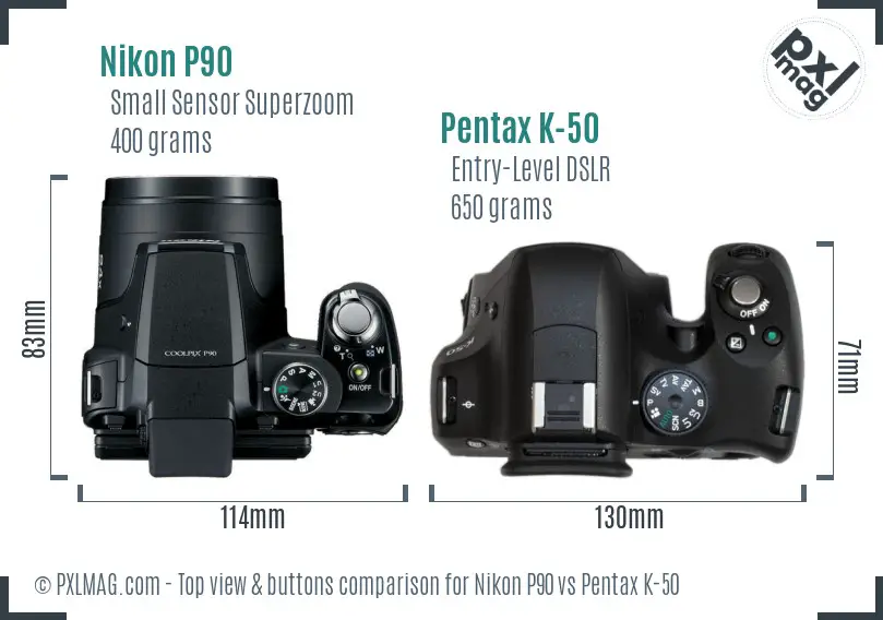 Nikon P90 vs Pentax K-50 top view buttons comparison