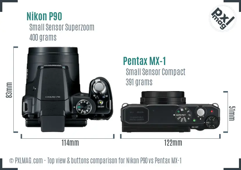 Nikon P90 vs Pentax MX-1 top view buttons comparison