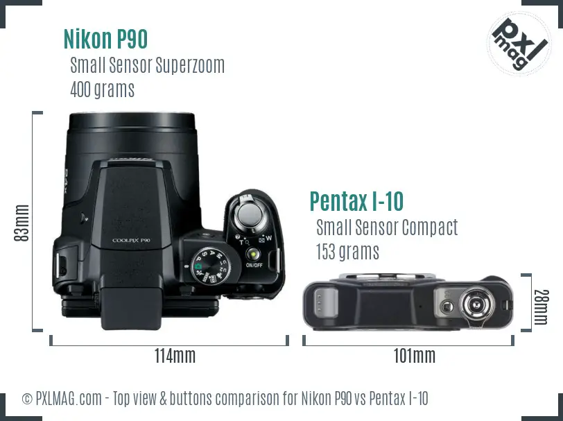 Nikon P90 vs Pentax I-10 top view buttons comparison