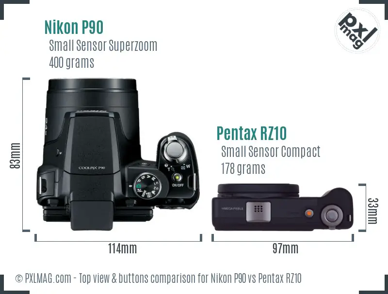 Nikon P90 vs Pentax RZ10 top view buttons comparison