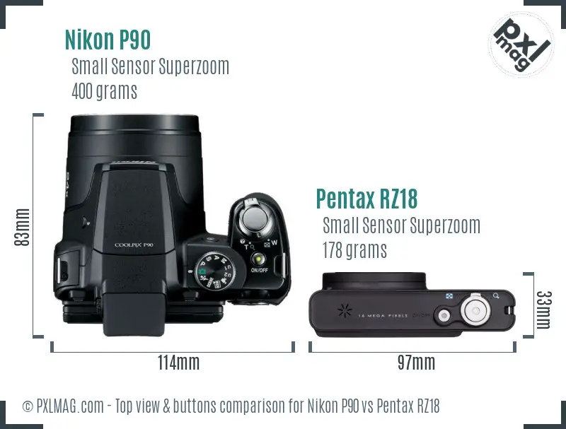 Nikon P90 vs Pentax RZ18 top view buttons comparison