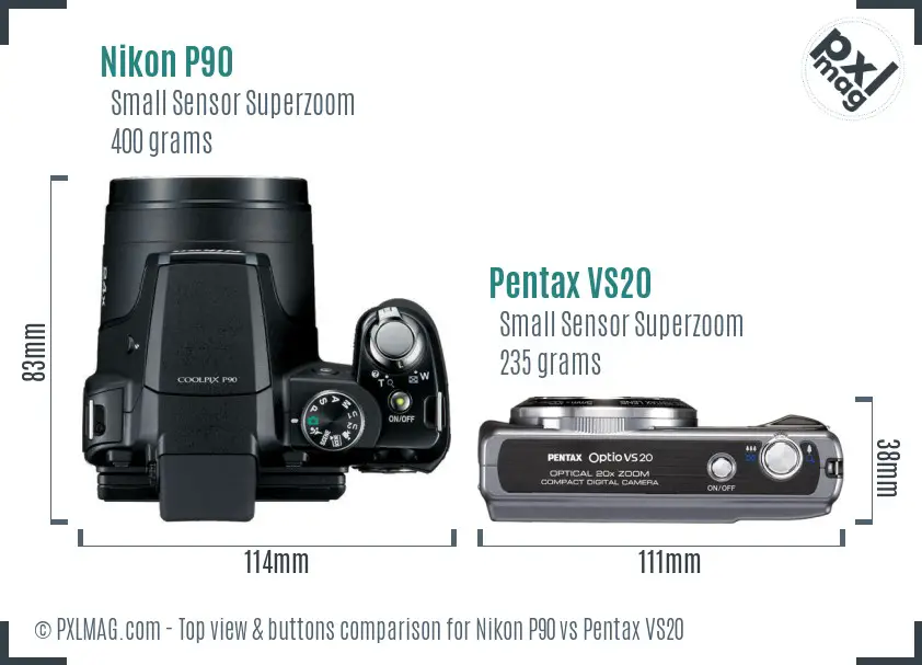 Nikon P90 vs Pentax VS20 top view buttons comparison Nikon P90 vs Pentax VS20 top view buttons comparison