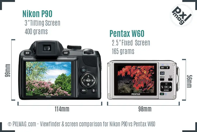 Nikon P90 vs Pentax W60 Screen and Viewfinder comparison