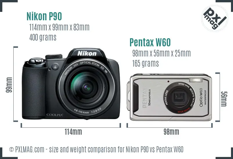 Nikon P90 vs Pentax W60 size comparison