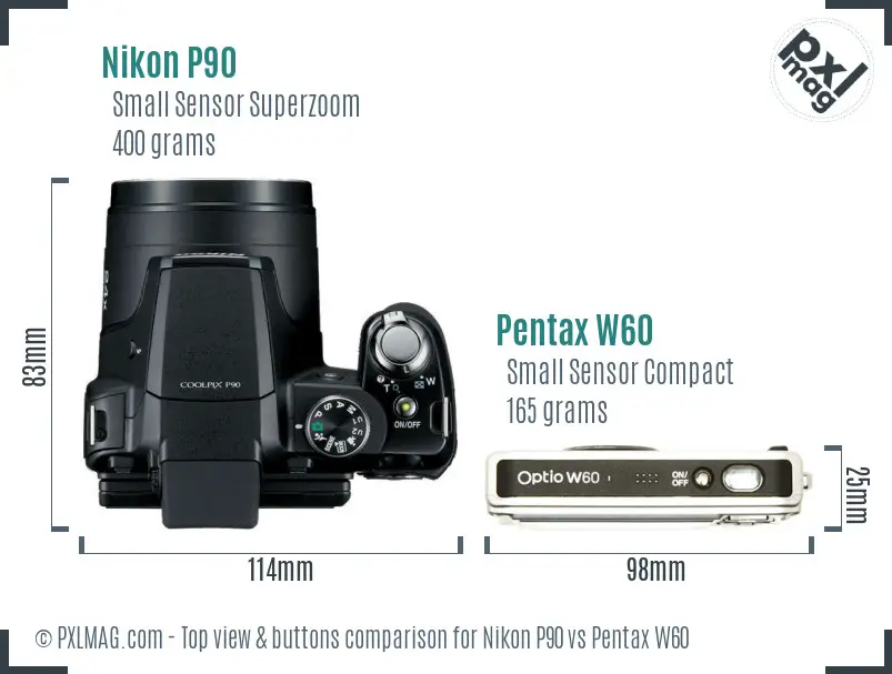 Nikon P90 vs Pentax W60 top view buttons comparison