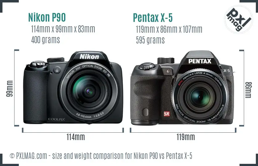 Nikon P90 vs Pentax X-5 size comparison
