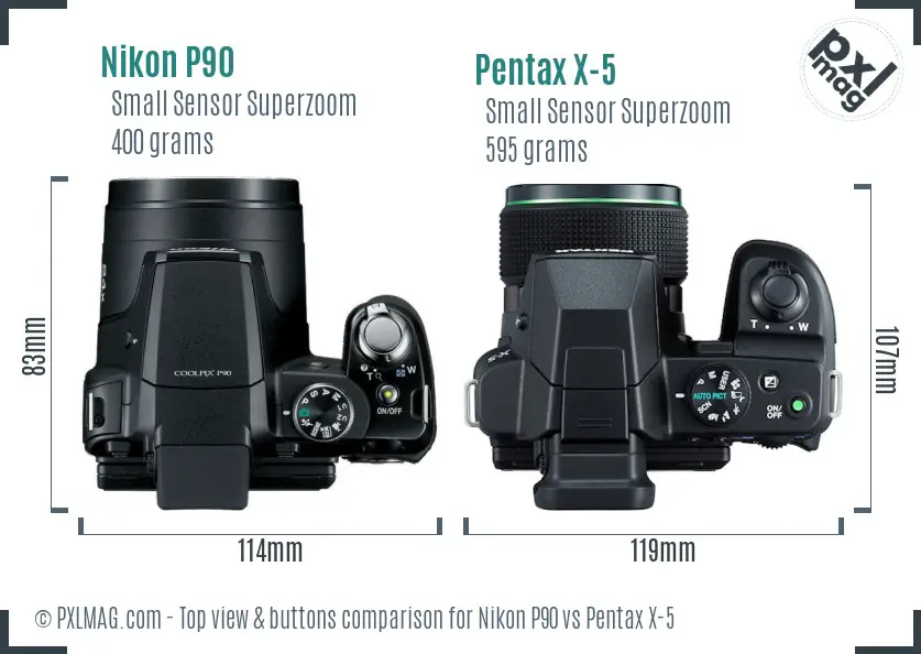 Nikon P90 vs Pentax X-5 top view buttons comparison